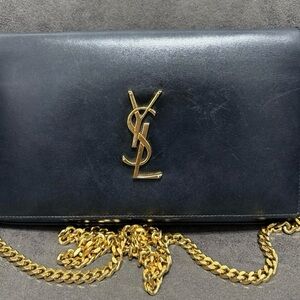 YSL Black Leather Clutch with Gold Chain
